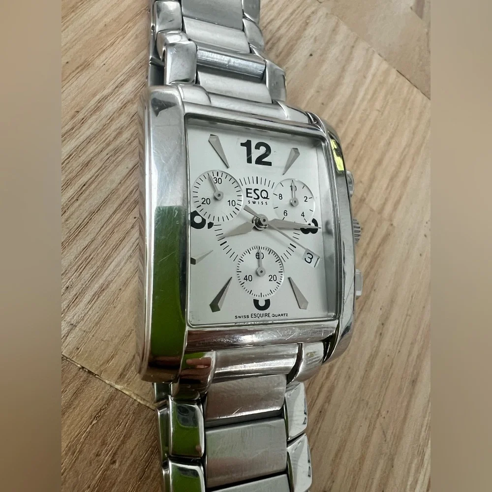 ESQ by Movado mens rectangular stainless steel chronograph watch NEW BATTERY